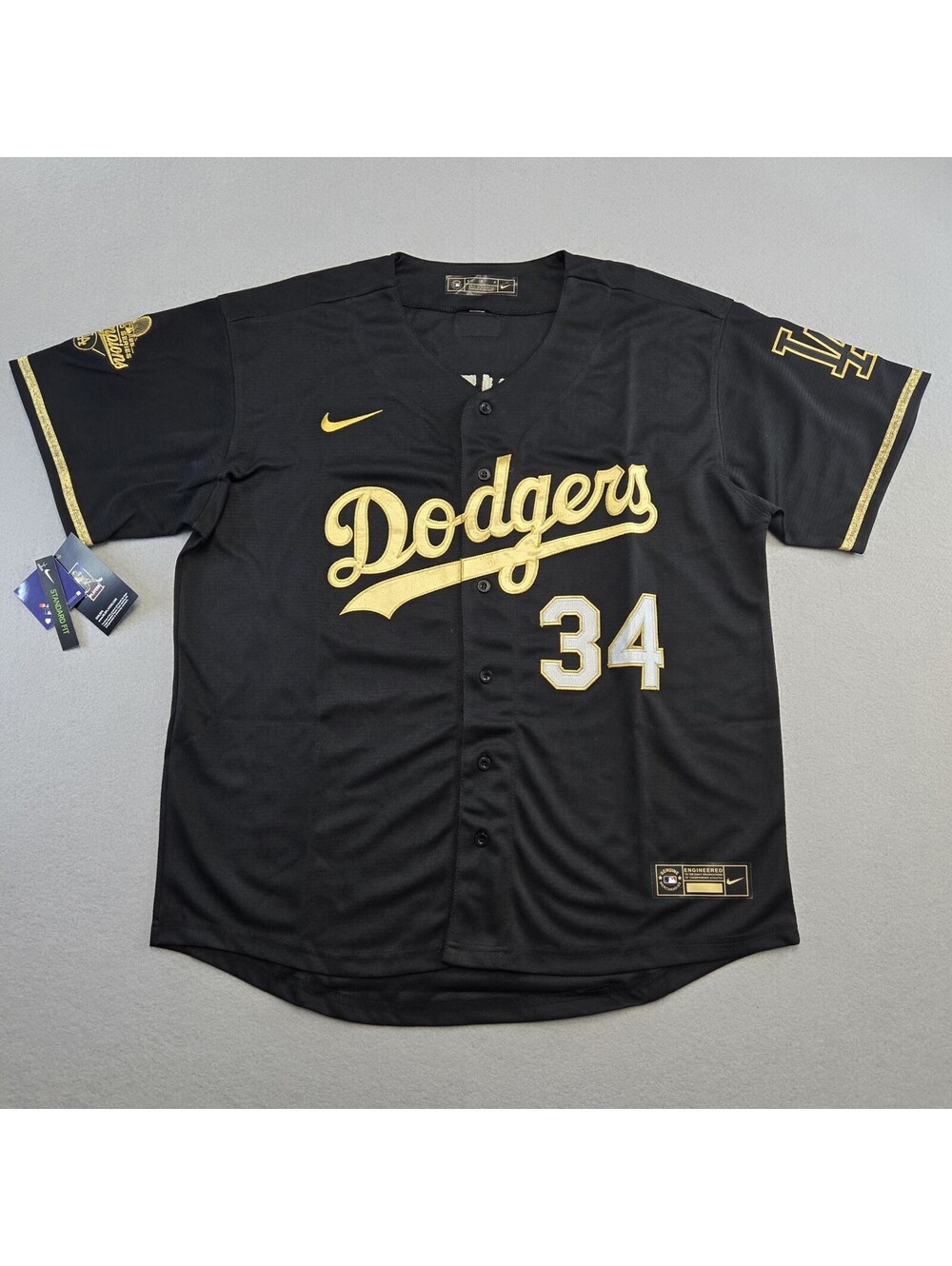 Fernando Valenzuela #34 Dodgers Memorial Jersey Black Gold Stitched Mens S